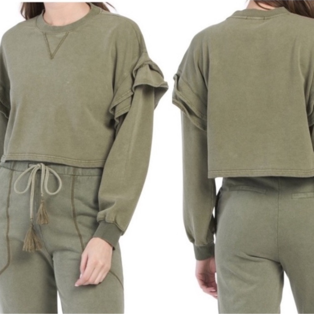 NWT 7 For All Mankind | Women's olive green pullover ruffle sleeve sweatshirt,